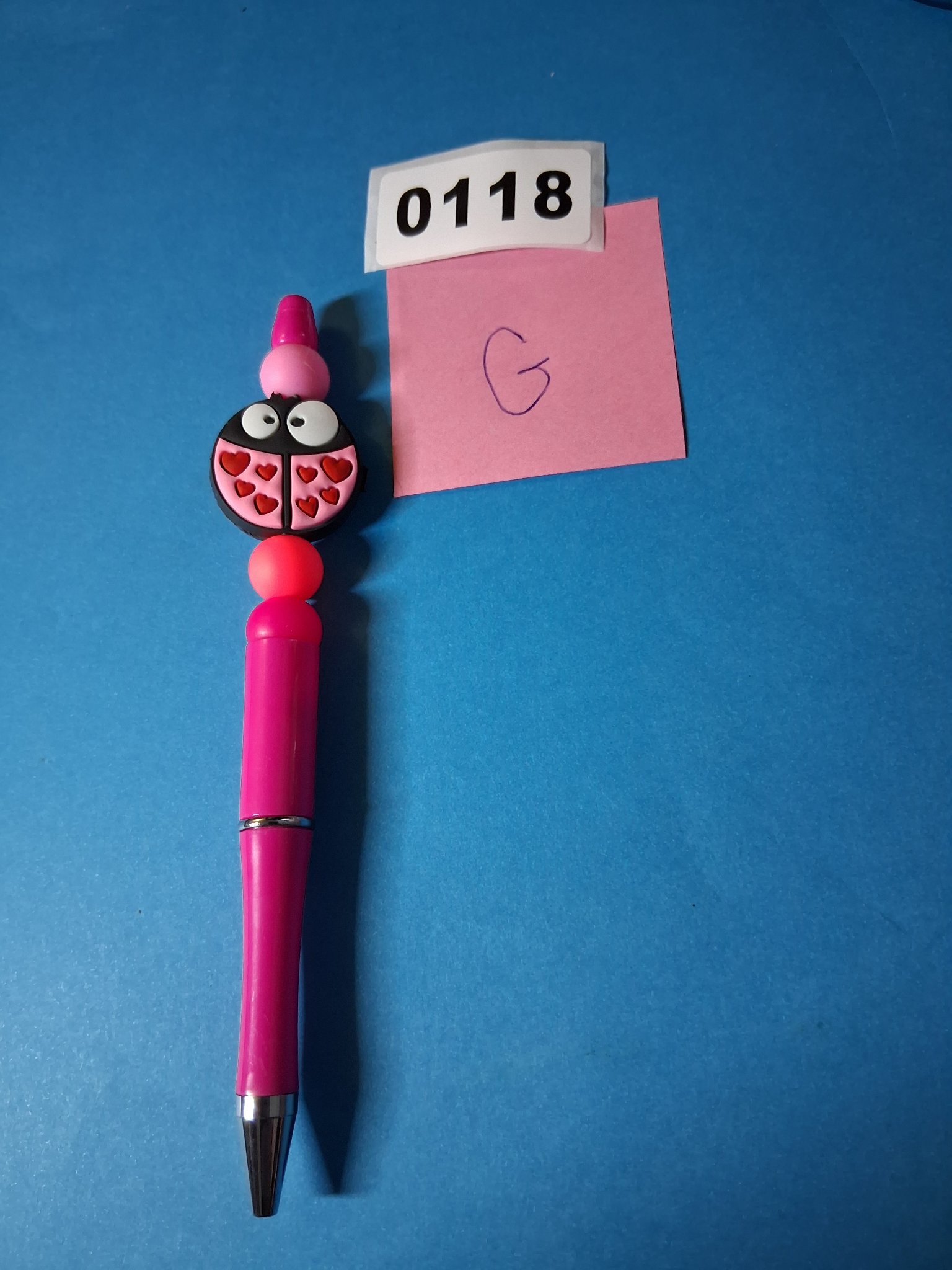 Beaded Pen — 118G Ladybug Hearts Charm (Hot Pink)